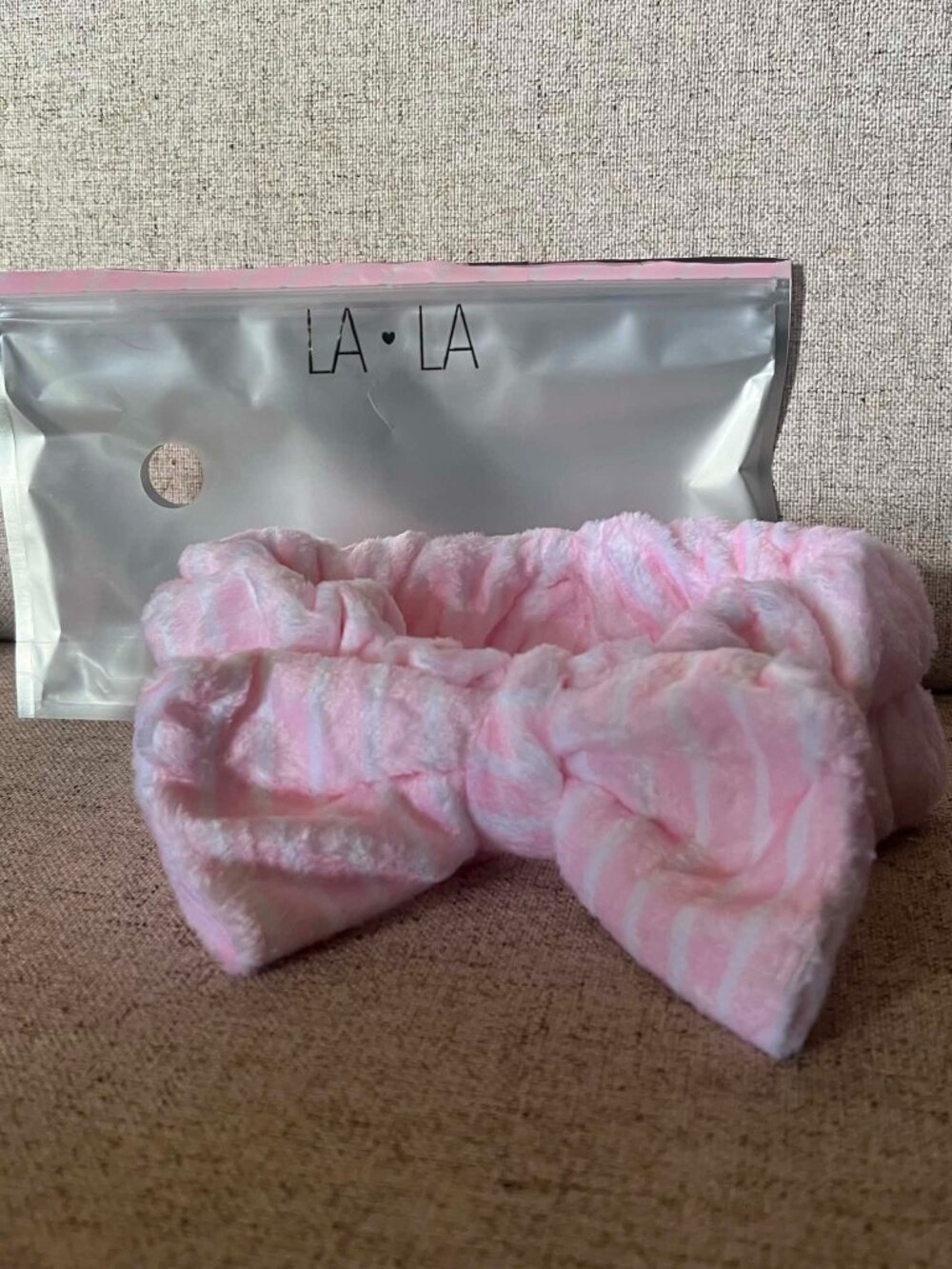 La La Teddy Plush Spa Headband Pink White Bow